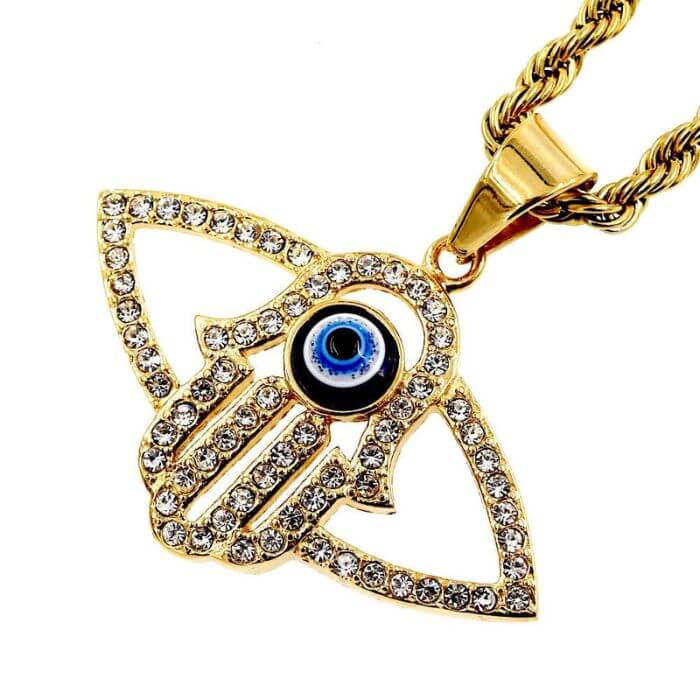 18k Gold-Plated Hamsa Hand Necklace with Blue Evil Eye Pendant and Stainless Steel Chain by Ancient Infusions – Elegant Spiritual Jewelry.
