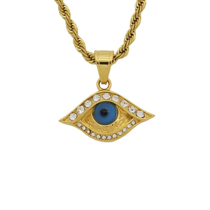 Gold-Plated Evil Eye Necklace with Cuban Zircons and Stainless Steel Chain – Modern Protective Jewelry.