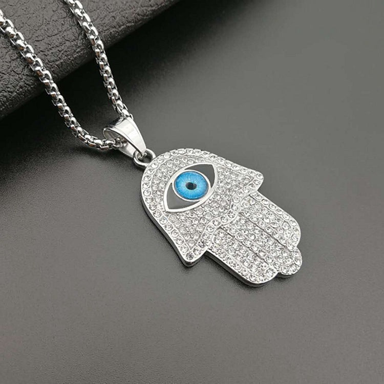 Gold-Plated Hamsa with Evil Eye Necklace Featuring Cuban Zircons and Stainless Steel Chain – Modern Protective Jewelry.