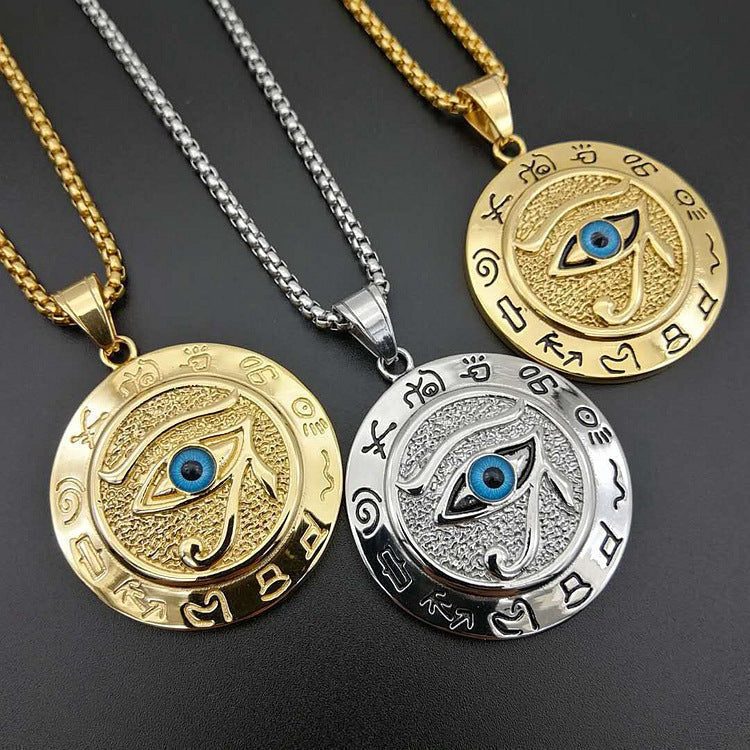 Gold & Silver Eye of Ra Pendant Necklace with Stainless Steel Chain by Ancient Infusions – Bold Egyptian Jewelry for Men and Women.