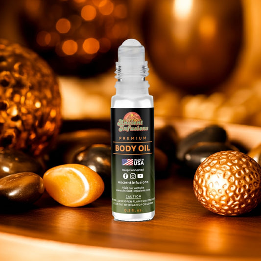 Golden Sand Body oil bottle with decorative stones and lights in the background