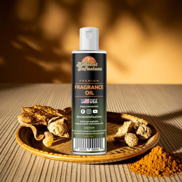 Golden Sand Fragrance Oil - Exotic amber-rich scent bottle on decorative plate with spices