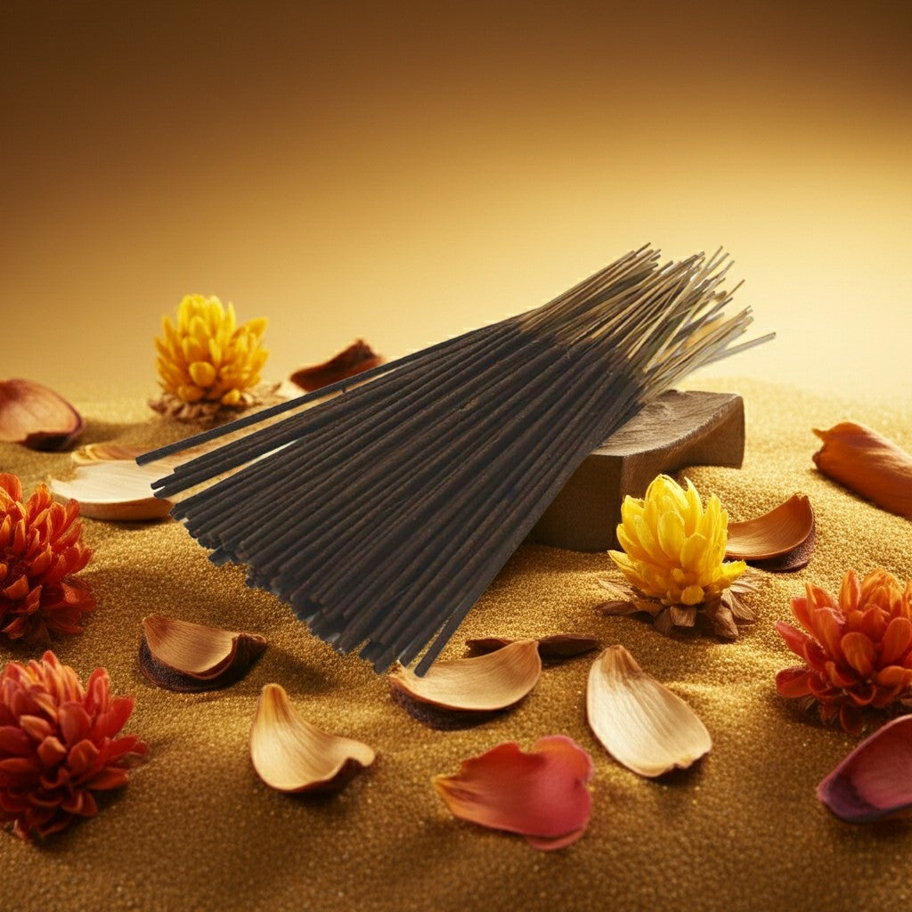 Golden Sand Incense Sticks with decorative flowers and petals on a warm-toned background