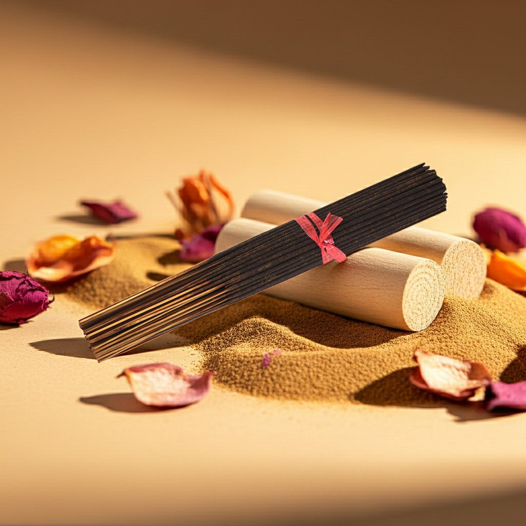 Golden Sand Incense Sticks with a pink ribbon on a sand-like surface with dried flowers.