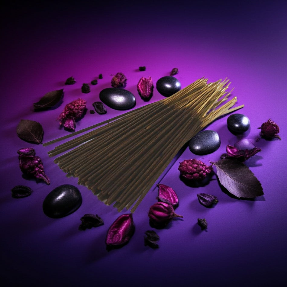 Grape Incense Sticks with black stones and purple flowers on a purple background