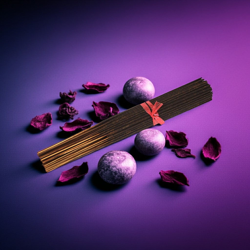 Grape Incense Sticks with a red ribbon, stones, and purple petals on a purple background