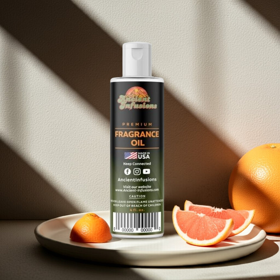 Bottle of fragrance oil with citrus fruits on a plate against a neutral background