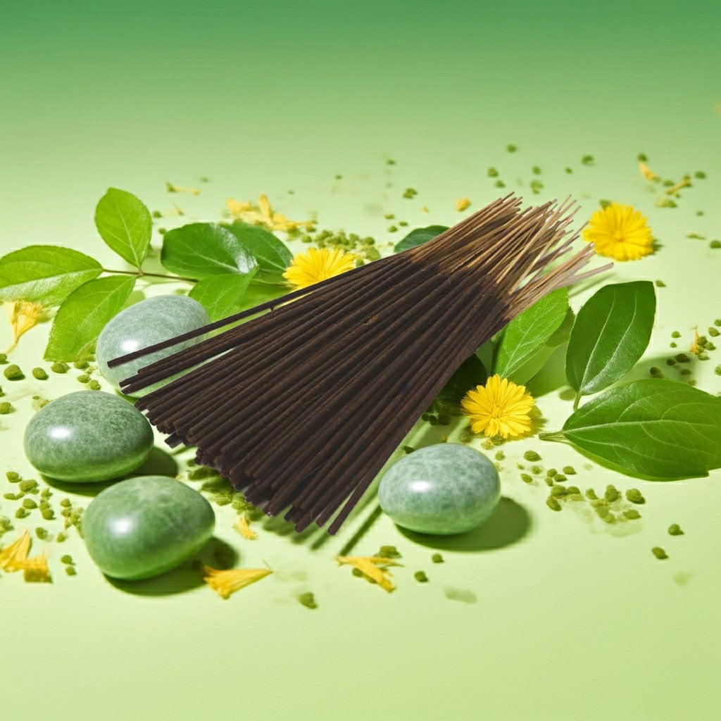 Green Apple Incense Sticks with green stones and yellow flowers on a green background