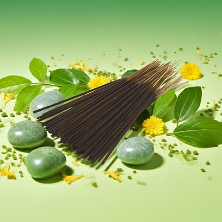 Green Apple Incense Sticks with green stones and yellow flowers on a green background