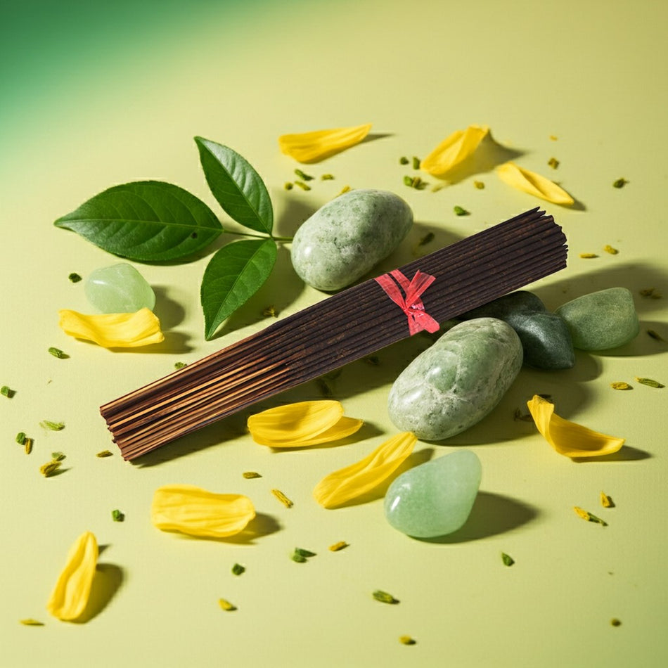 Green Apple Incense Sticks with a pink label on a green background with stones and leaves