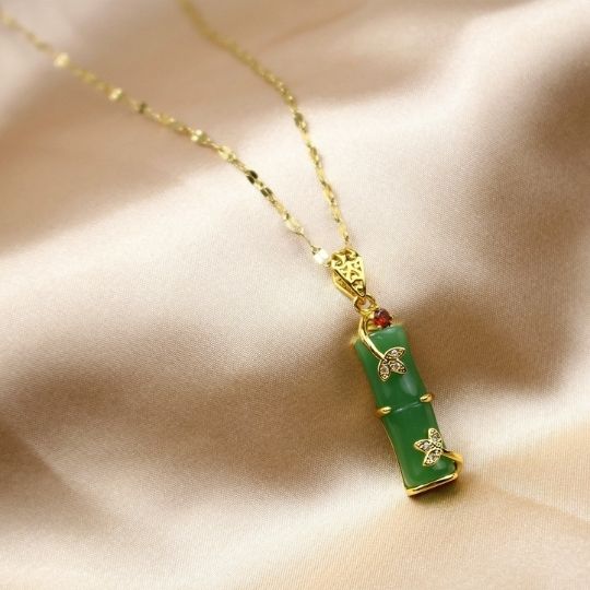 Green Jade Bamboo Style Pendant Necklace with Stainless Steel Chain by Ancient Infusions – Unique Spiritual Jewelry.