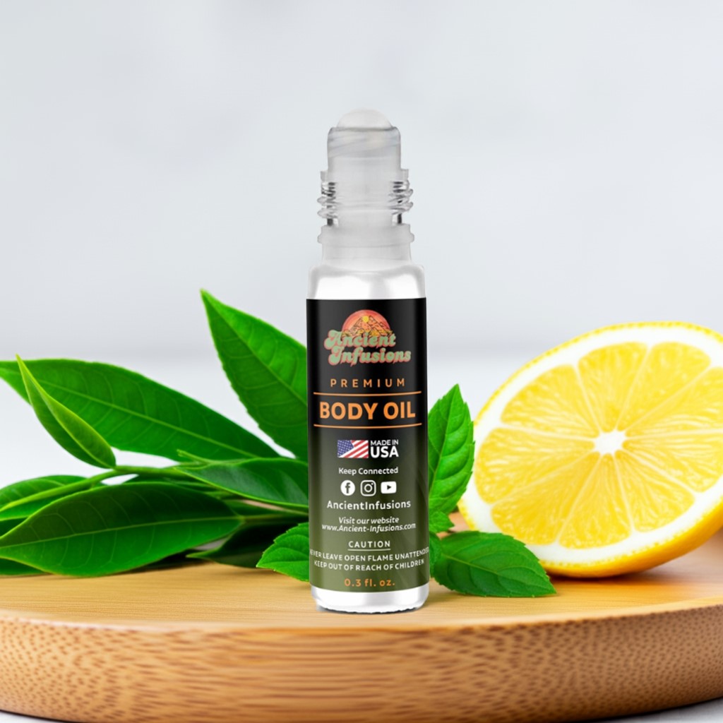 Green Tea Body oil bottle with lemon and leaves on a wooden surface