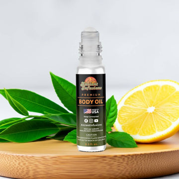 Green Tea Body Oil - Pure & Uncut with lemon and green leaves