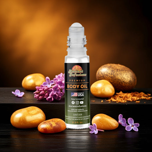 Gucci Guilty Bottle of body oil with decorative stones and flowers on a dark surface
