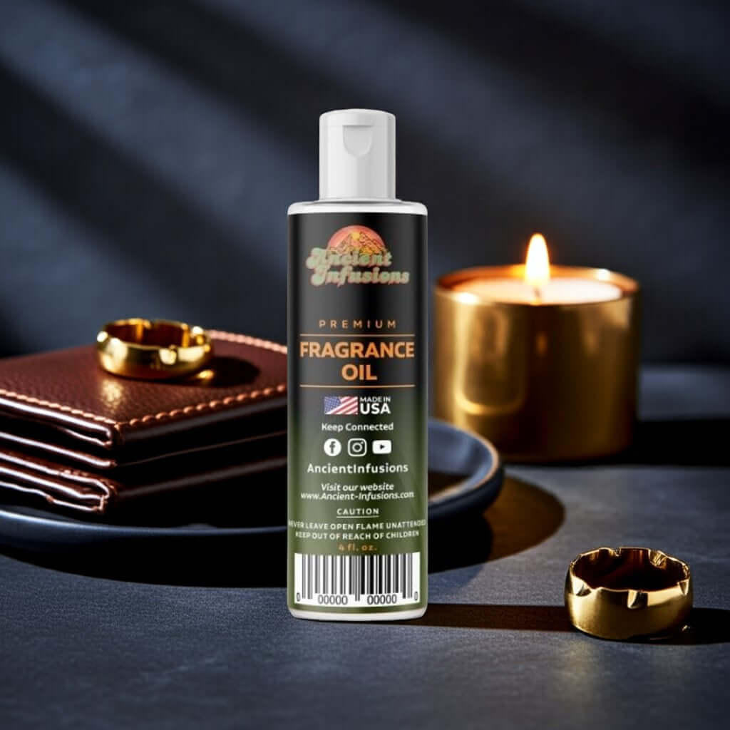 Gucci Guilty Inspired Fragrance Oil with rich, seductive aroma in elegant setting with candle and rings.