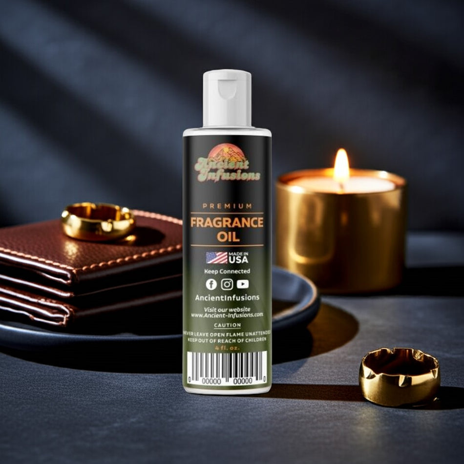 Bottle of Ancient Infusions fragrance oil with a candle and gold ring on a dark surface.