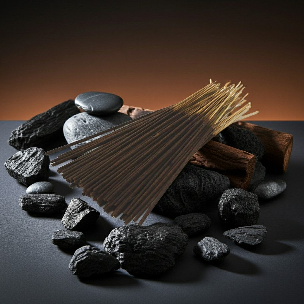 Gucci Guilty Inspired Incense Sticks with black rocks and a wooden block on a gradient background