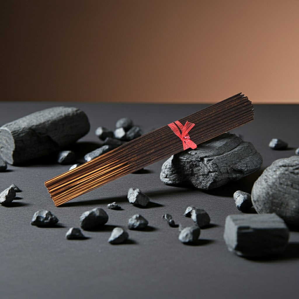 Gucci Guilty Inspired Incense Sticks with a red ribbon on rocks against a brown background