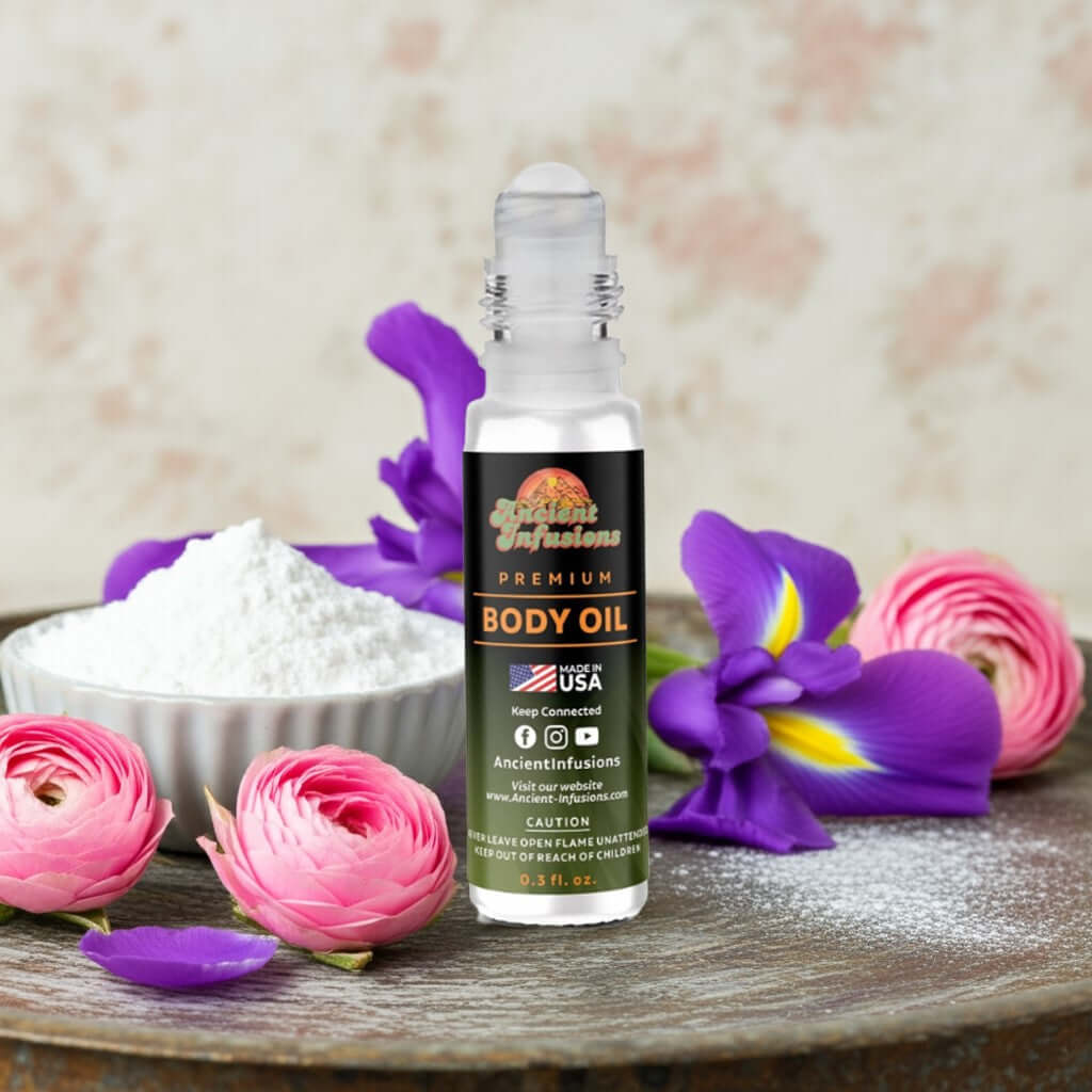 Gucci No 2 Inspired Body Oil bottle with pink roses and purple iris flowers, emphasizing pure and uncut fragrance.