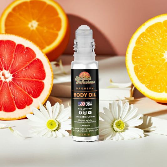 Happy by Clinique Body oil bottle with citrus fruits and flowers on a light background