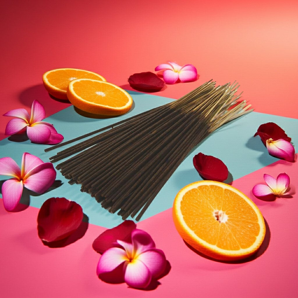 Hawaiian Punch Incense Sticks with orange slices and flowers on a red background