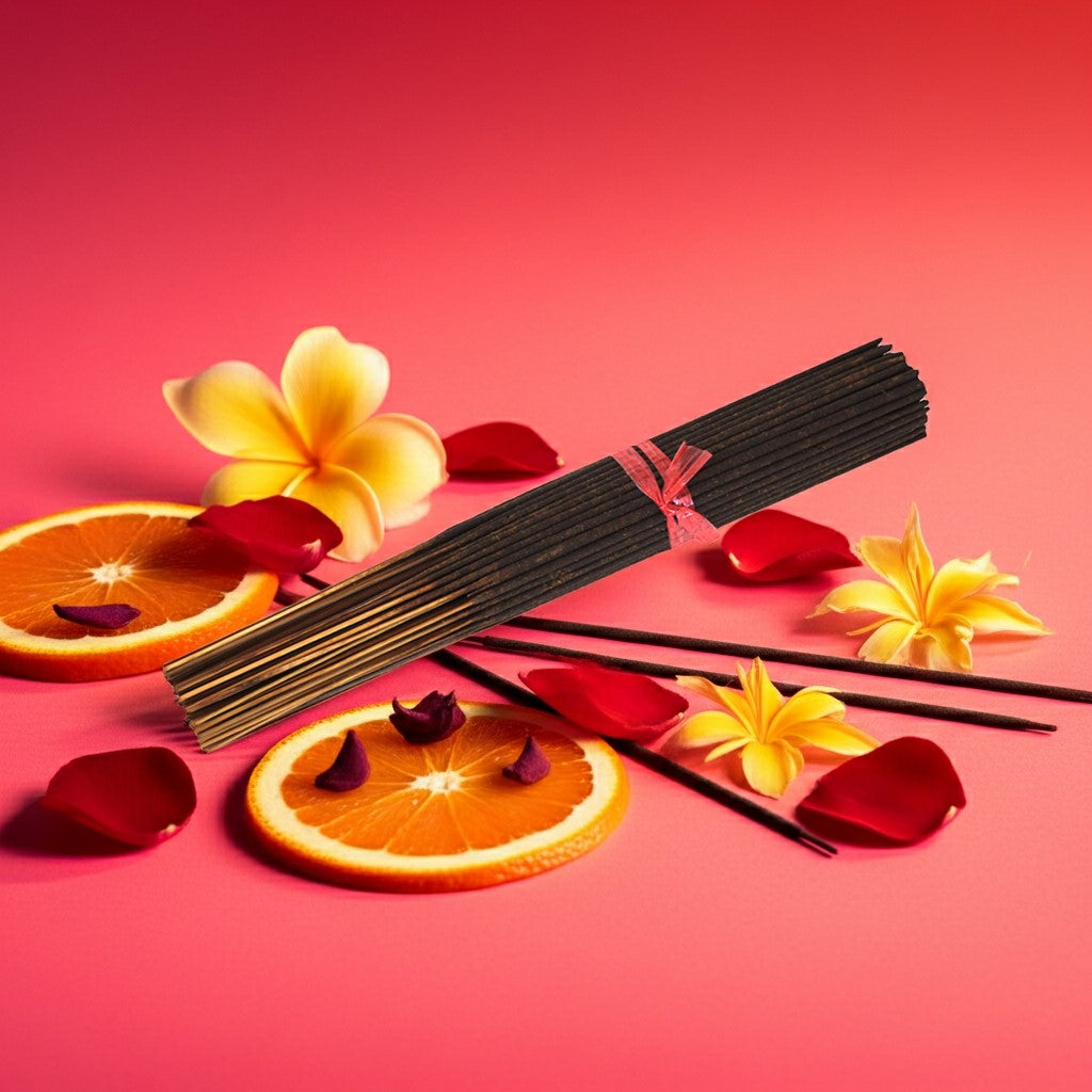 Hawaiian Punch Incense Sticks with orange slices and flowers on a red background