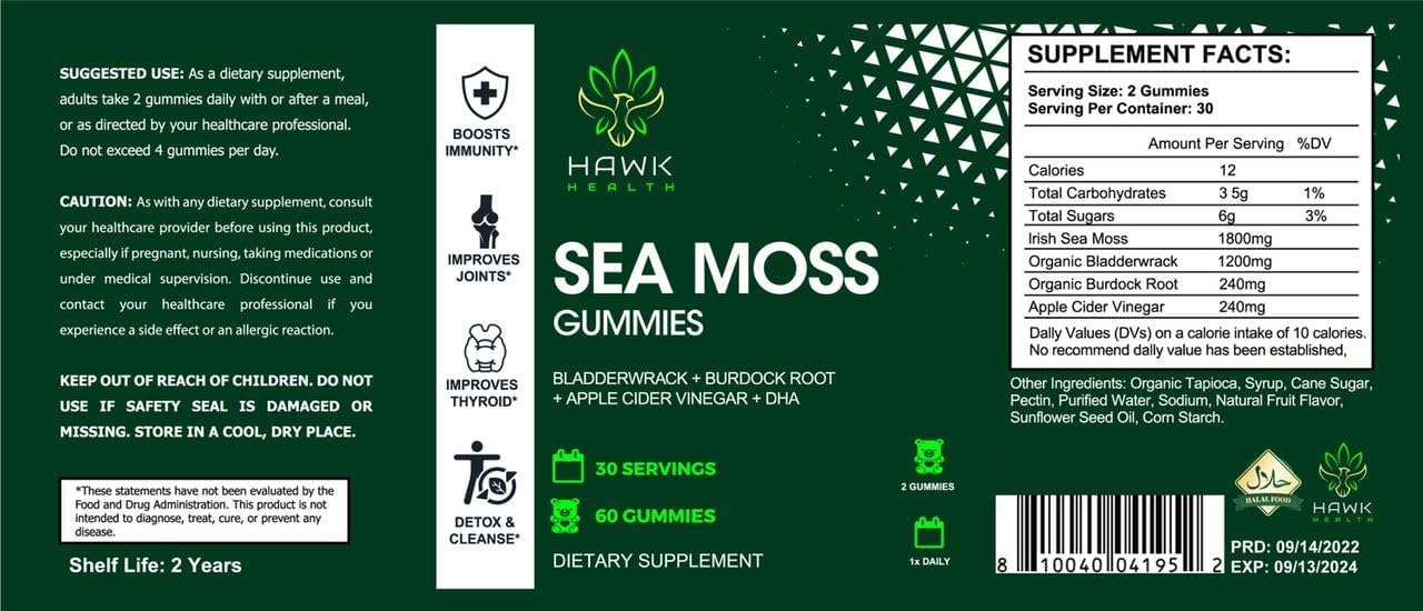 Hawk Health Sea Moss Gummies - Extra Strength Immune and Thyroid Support with Sea Moss, Bladderwrack, Burdock, Vitamin C, and Zinc.