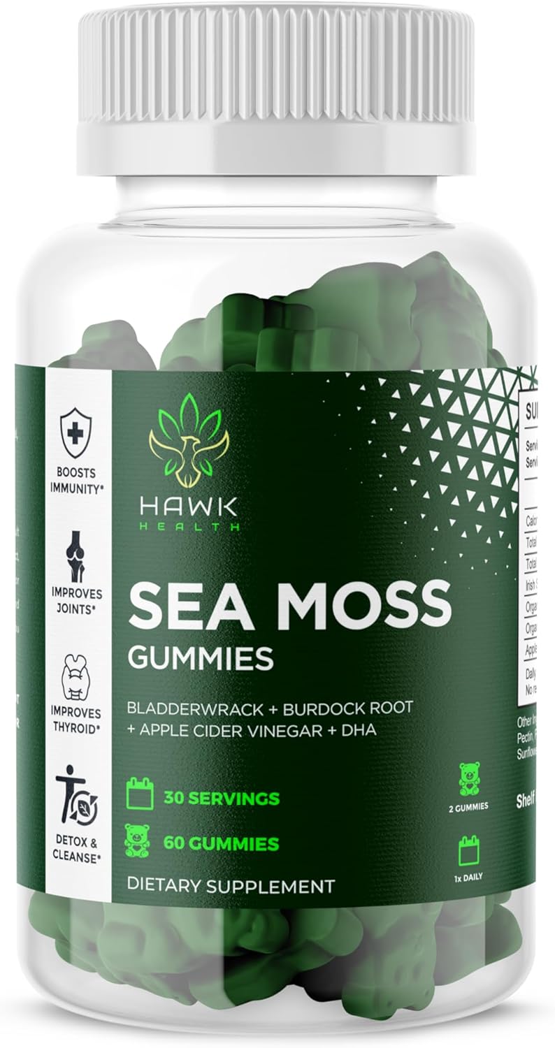 Hawk Health Sea Moss Gummies - Immune & Thyroid Support with Vitamin C, Zinc, Bladderwrack, and Burdock (Made in USA).