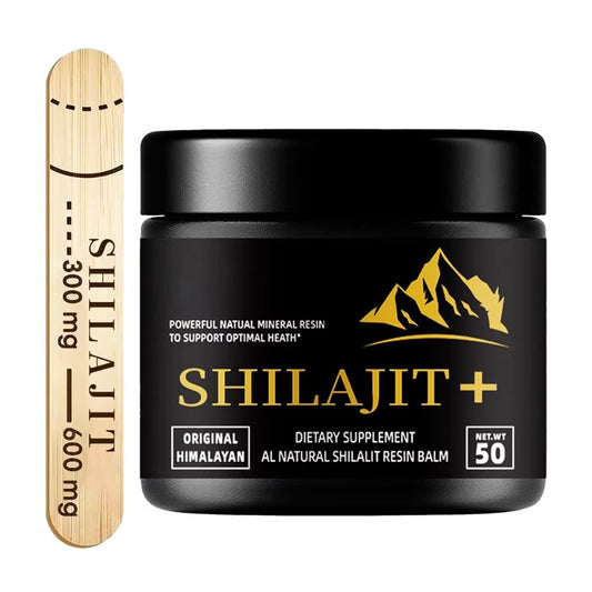 Black Shilajit supplement jar with gold text and mountain logo, accompanied by a wooden scoop tool.