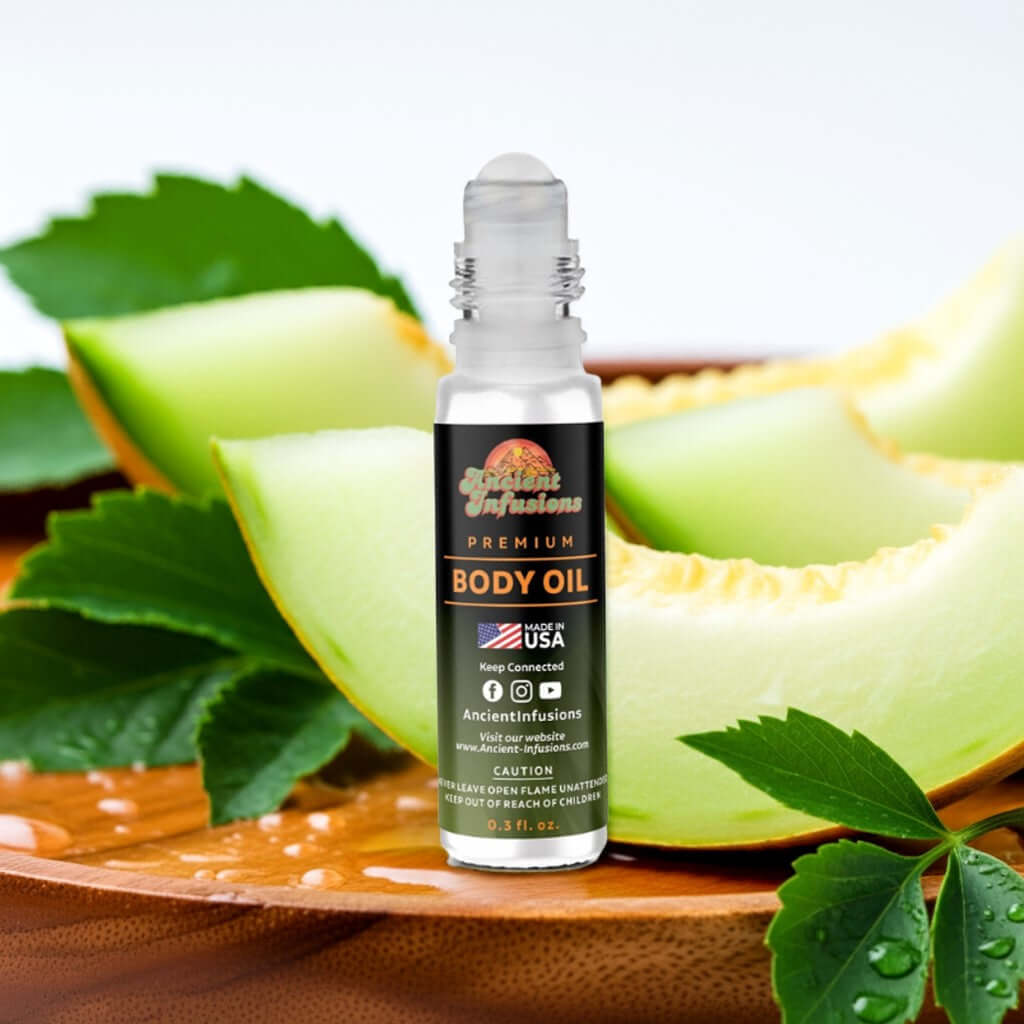 Honeydew Melon Body oil bottle with melon slices and leaves on a wooden board