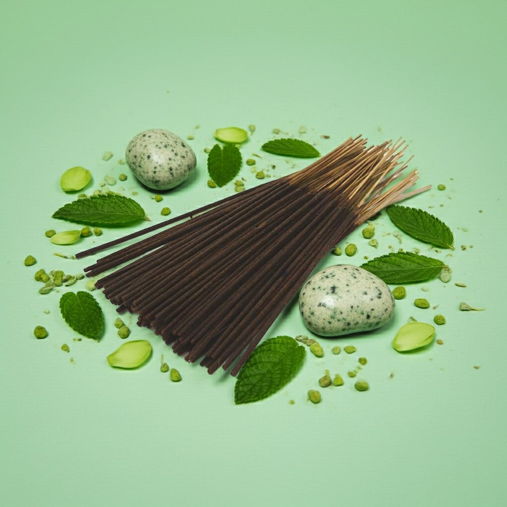 Honeydew Melon Incense Sticks with green stones and flowers on a light green background