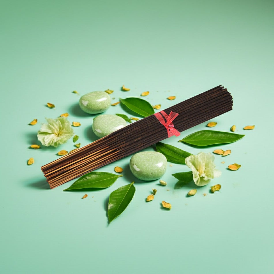 Honeydew Melon Incense Sticks with green stones and flowers on a light green background
