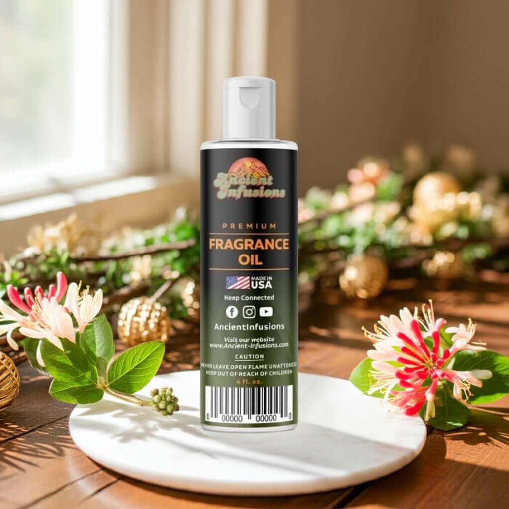 Bottle of Honeysuckle Fragrance Oil on a floral decorated table, capturing the essence of blooming honeysuckle flowers in a soft light.