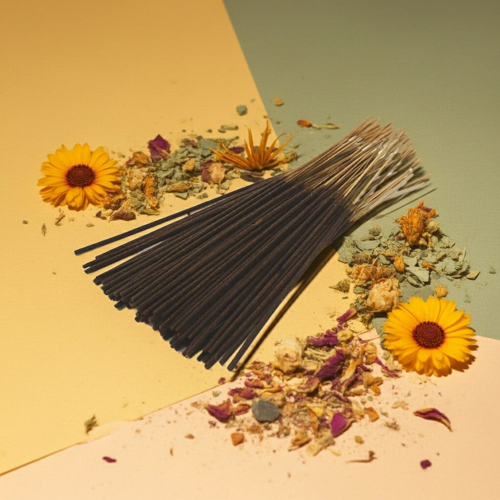 Honeysuckle Incense Sticks tied with a pink ribbon on a stone with flowers and herbs around, against a yellow and green background.