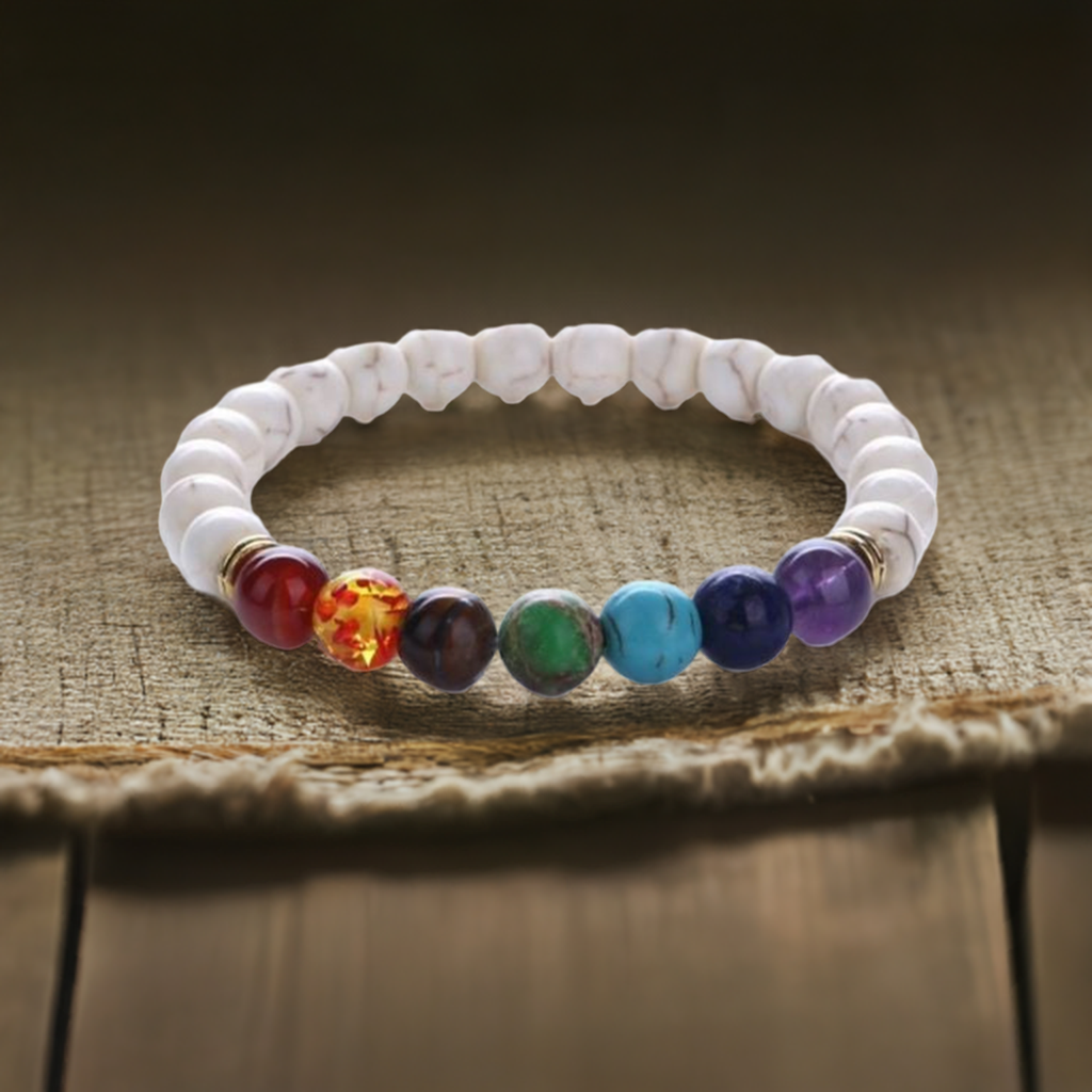 Howlite 7 Chakra Elastic Bracelet – Balance and Calming Energy for Men and Women.