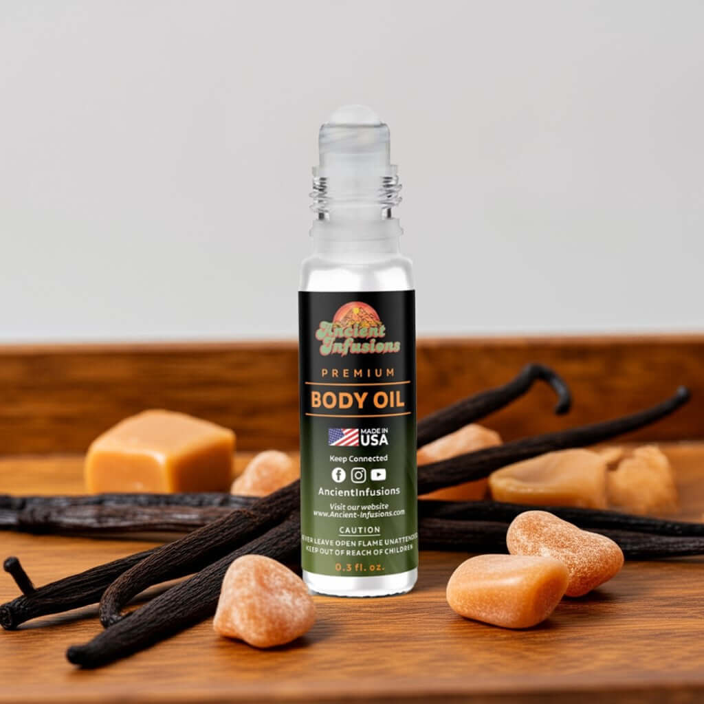 Hug my neck Body oil bottle with vanilla beans and caramel on a wooden surface