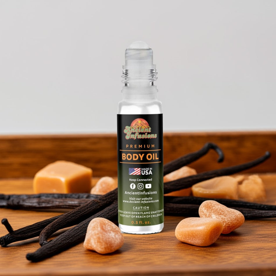 Hug my neck Body oil bottle with vanilla beans and caramel on a wooden surface