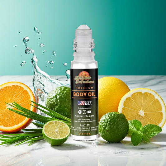 Citrus fruits and herbs styled around a fragrance bottle on white marble