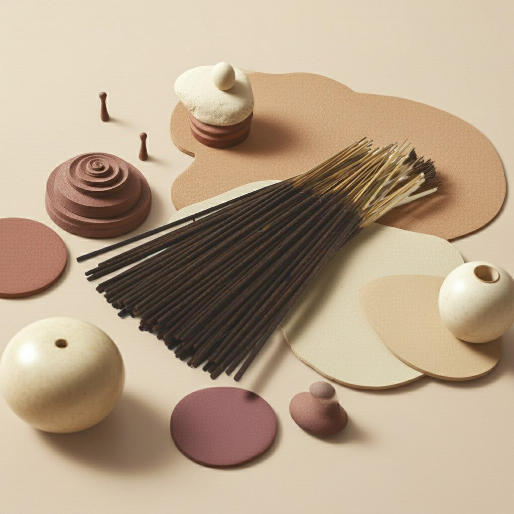 Imported Amber White Incense Sticks with vanilla beans and spices on a light background