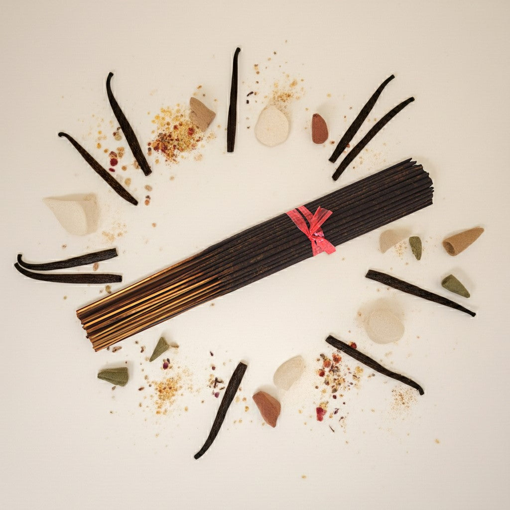 Imported Amber White Incense Sticks with vanilla beans and spices on a light background