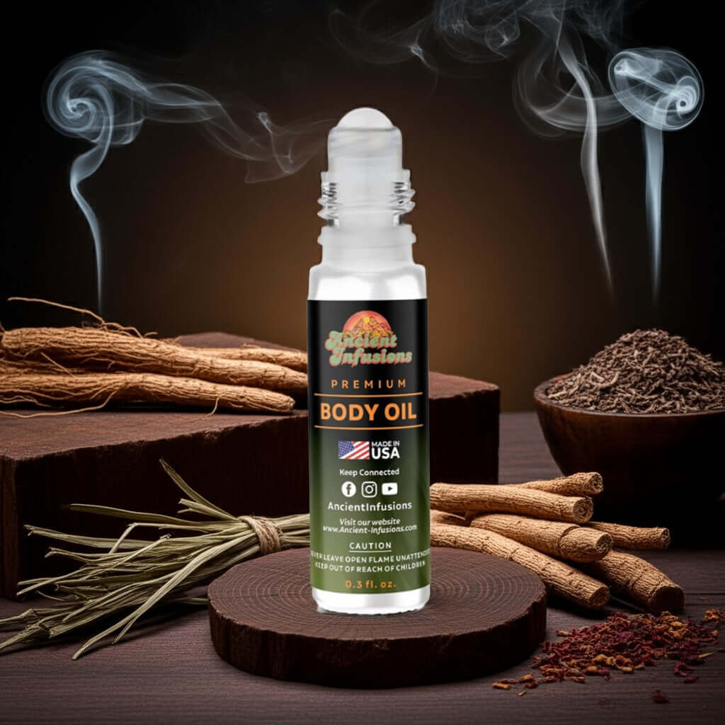 Imported Attar 96 Majmua Body oil bottle with smoking herbs and spices on a dark background