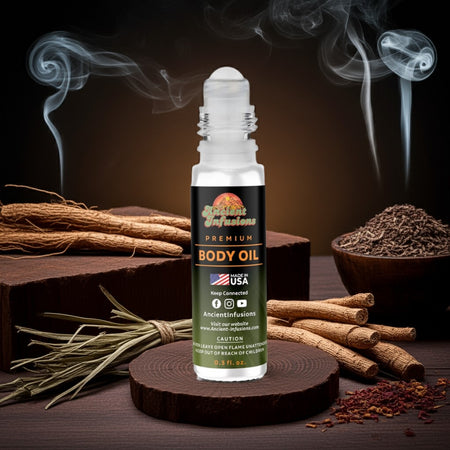 Imported Attar 96 Majmua Body oil bottle with smoking herbs and spices on a dark background