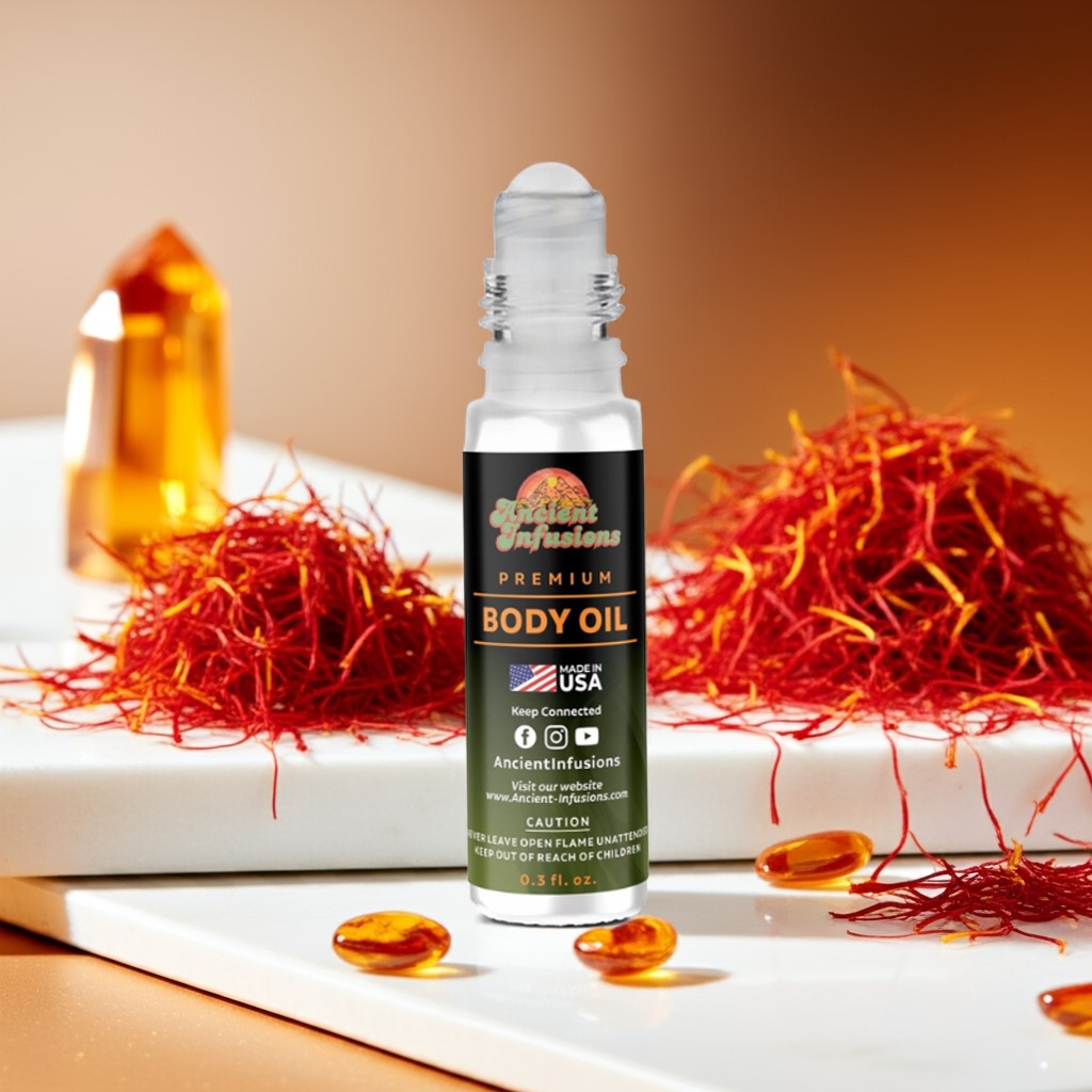 Imported Baccarat Rouge 540 Inspired Body Oil bottle with rich saffron and amber background, luxury and opulence blend.