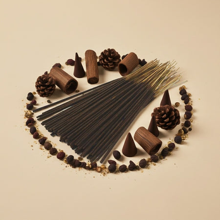 Imported Black Oud Incense Sticks and cones arranged in a circular pattern on a beige background