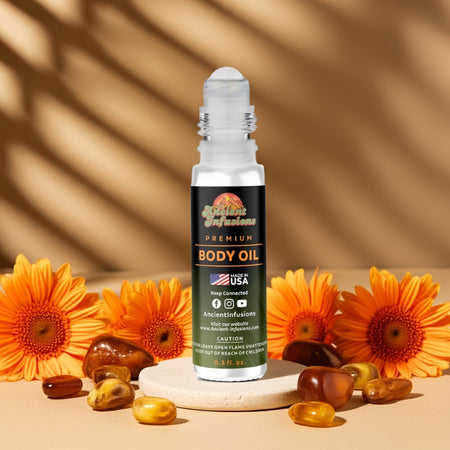 Imported Golden Sand Body oil bottle with sunflowers and stones on a wooden surface