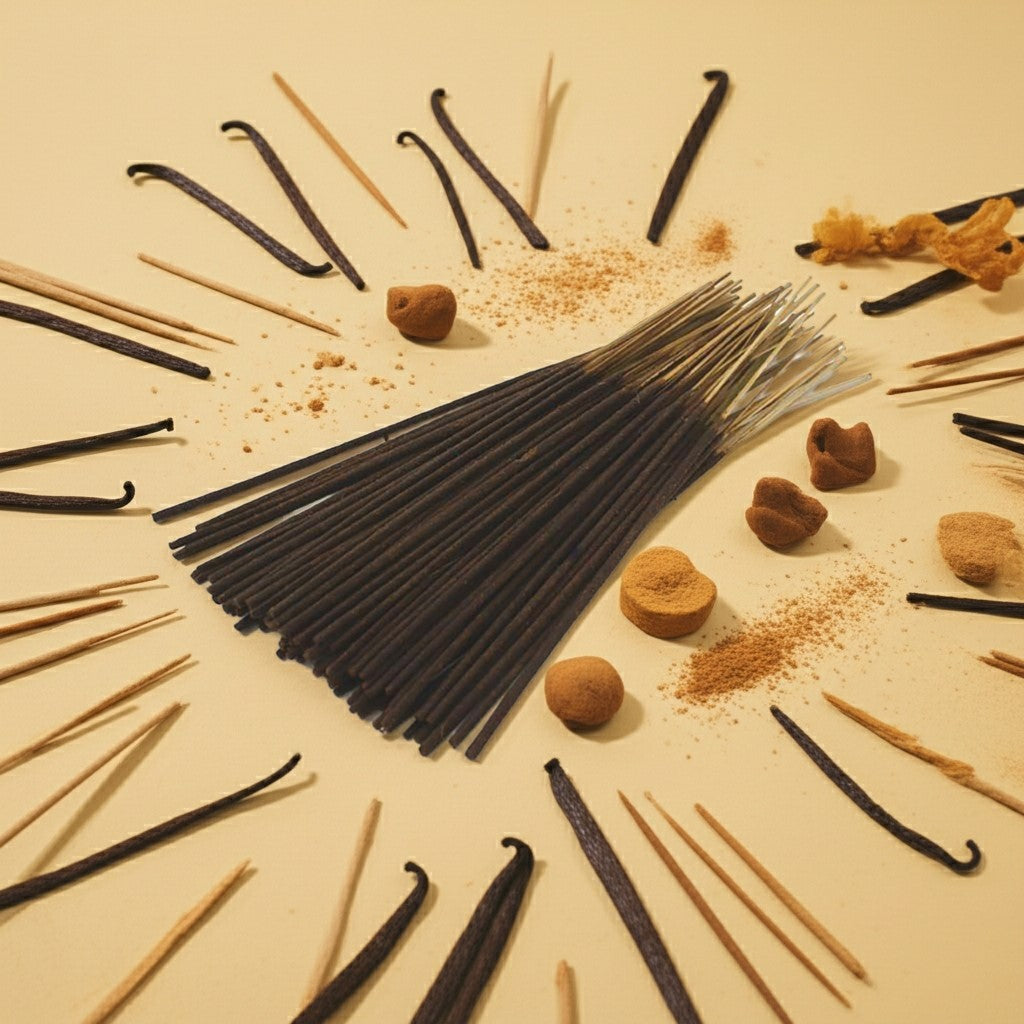 Vanilla beans and Imported Golden Sand Incense Sticks arranged on a beige background