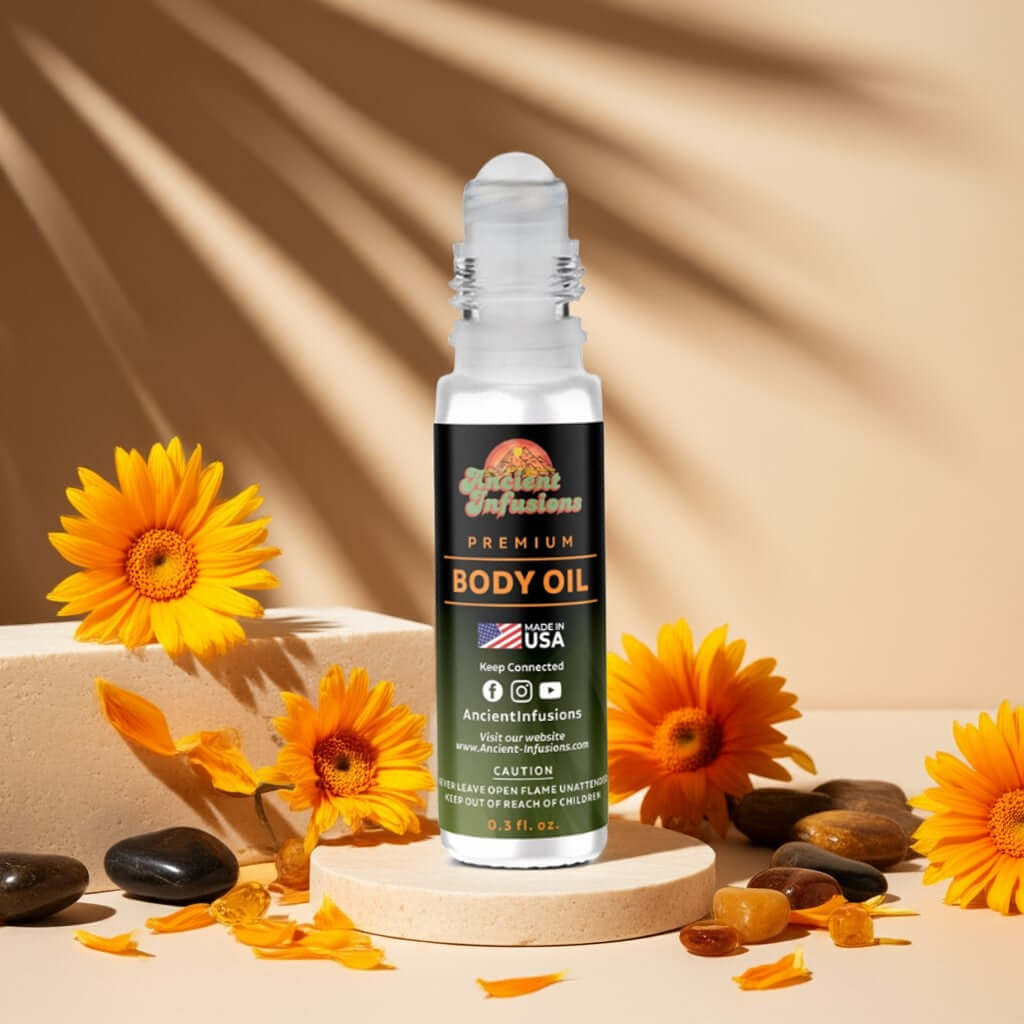 Imported Green Musk Body oil bottle with sunflowers and pebbles on a beige background