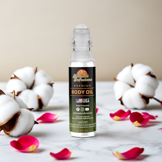 Imported Musk Tahara Body oil bottle with cotton and rose petals on a light background