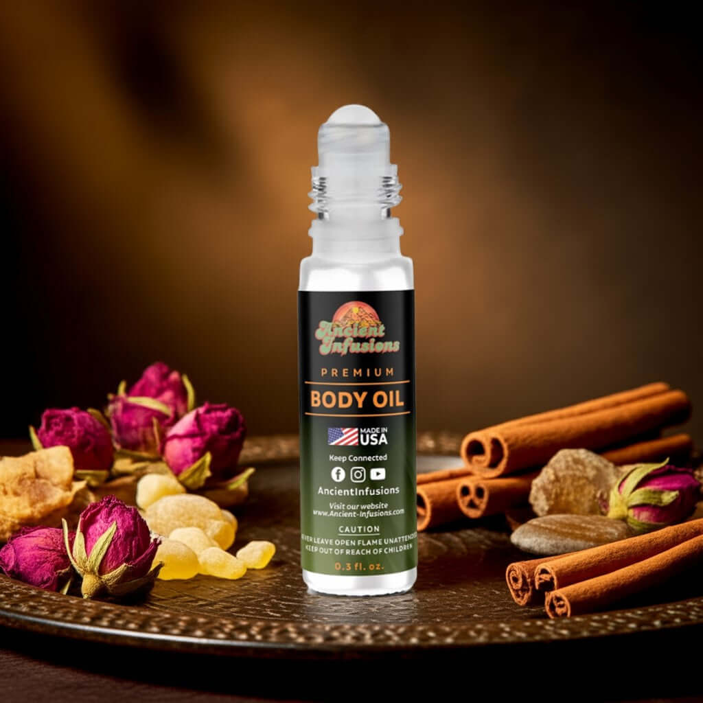 Imported Opium Body Oil with exotic spices and floral elements in a decorative setting