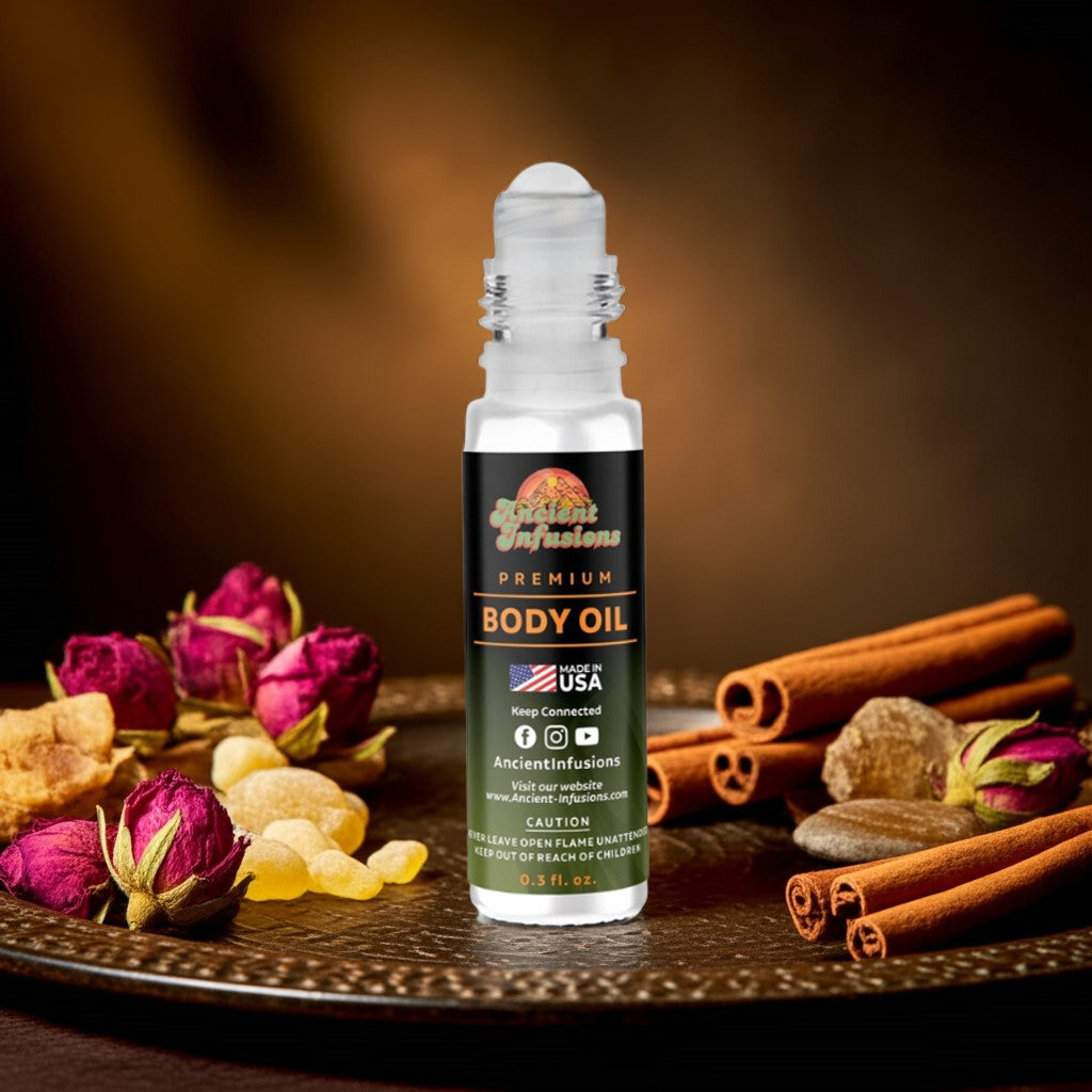 Imported Opium Body Oil with exotic spices and floral elements in a decorative setting